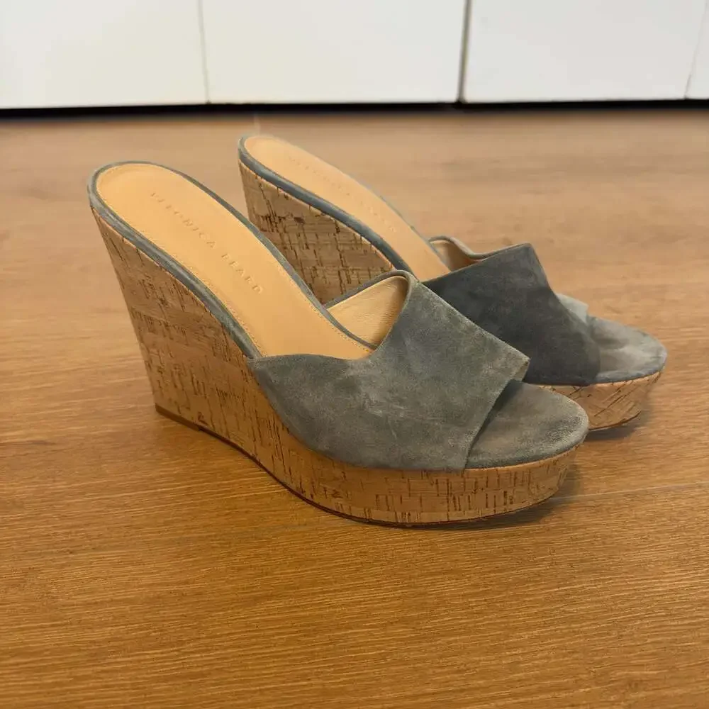 Veronica Beard Dali Blue Suede Cork Wedge Sandals Size 9.5